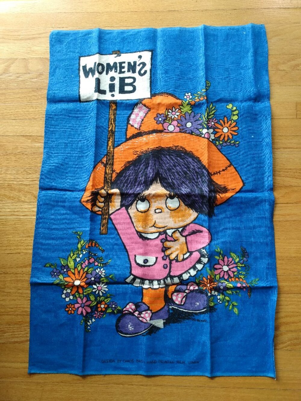 Vintage Chris Bash Kitschy Tea Towel Hand Printed Real Linen "Women's Lib"